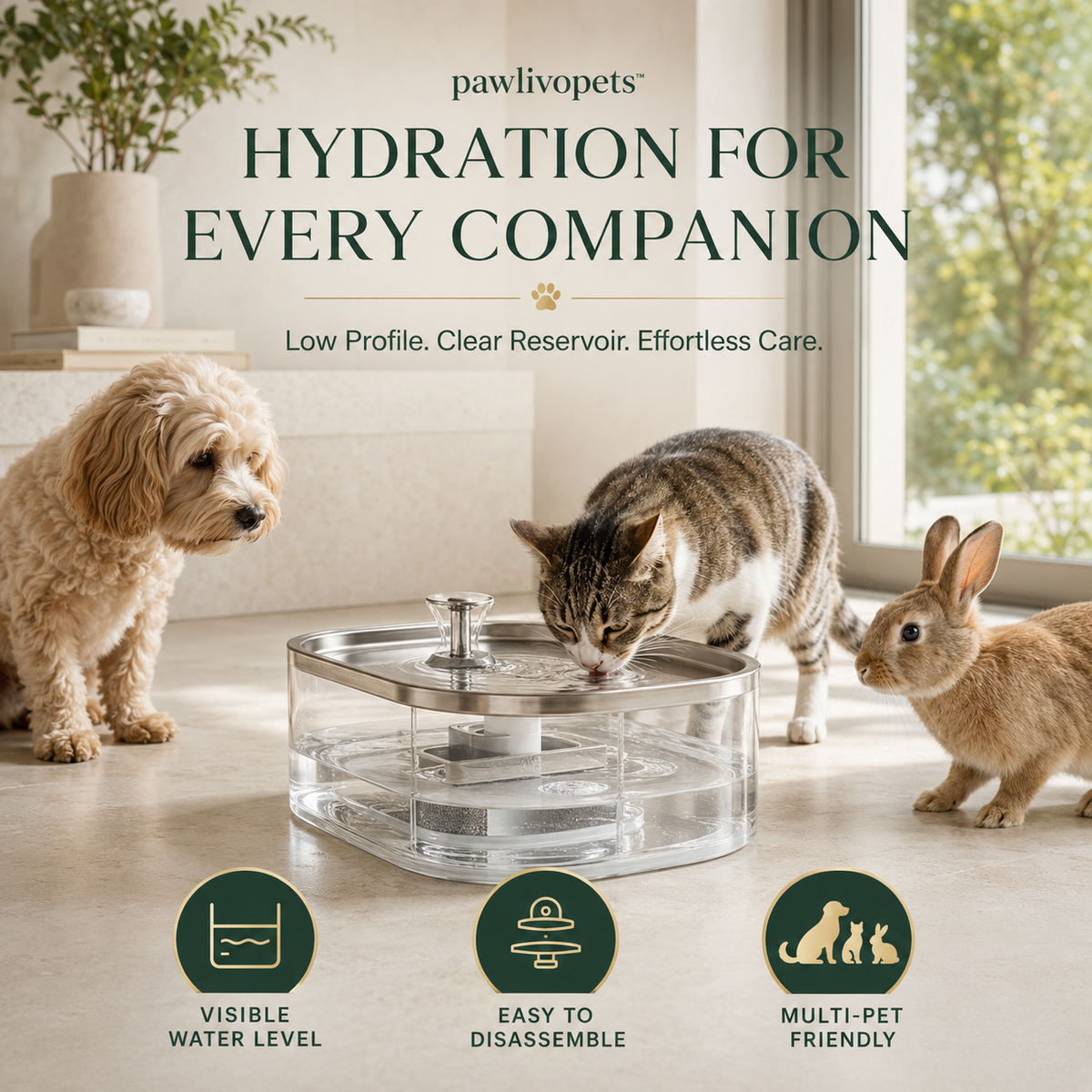Pawlivopets™ ClearFlow Smart Hydration Station – Silent Multi-Pet Water Fountain